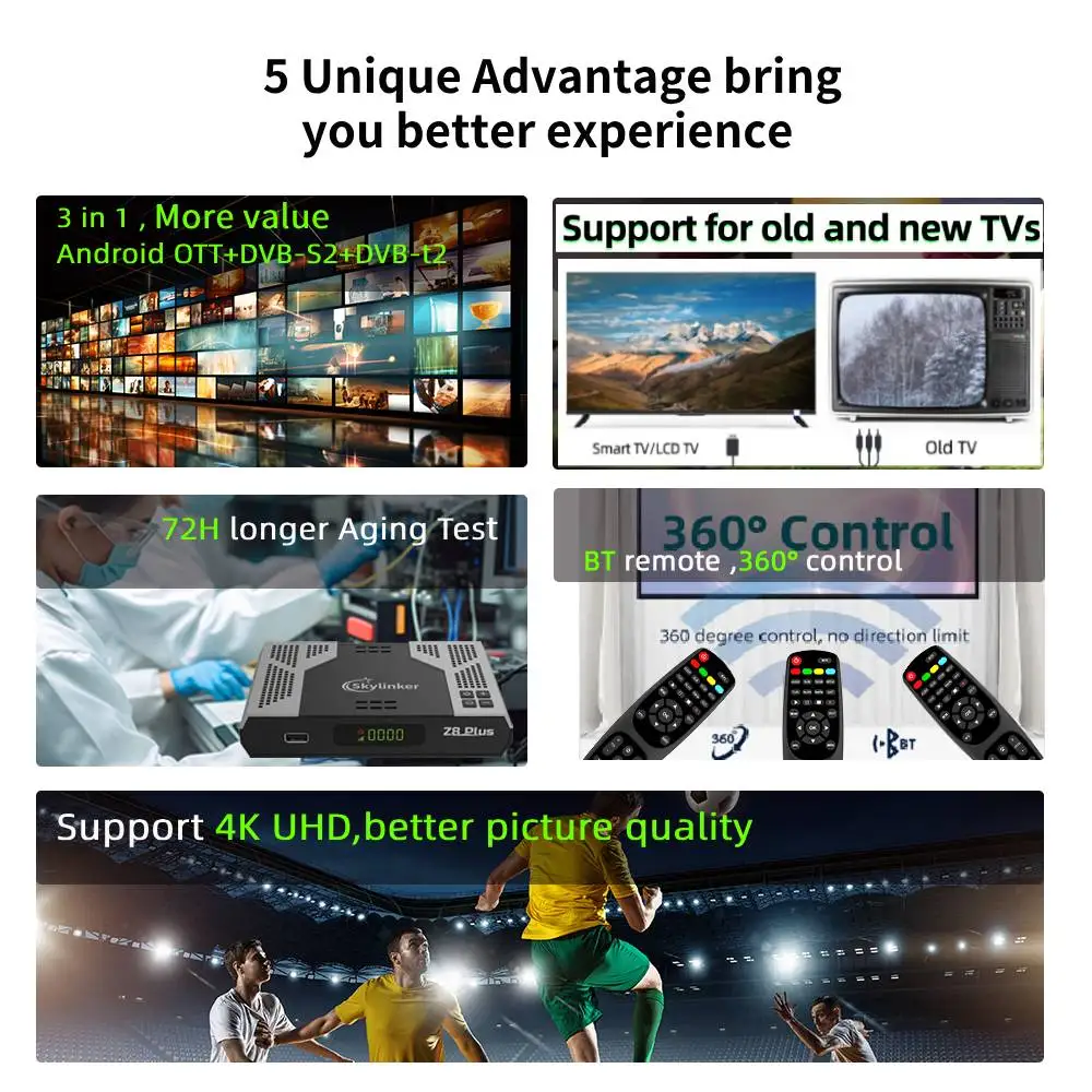 Skylinker Z8 Plus 4K Android OTT + DVB-S2 + DVB-T2 Hybrid TV Box BT Remote 5G Wifi 2 + 16GB FTA Satellite Terrestrial TV Receivers