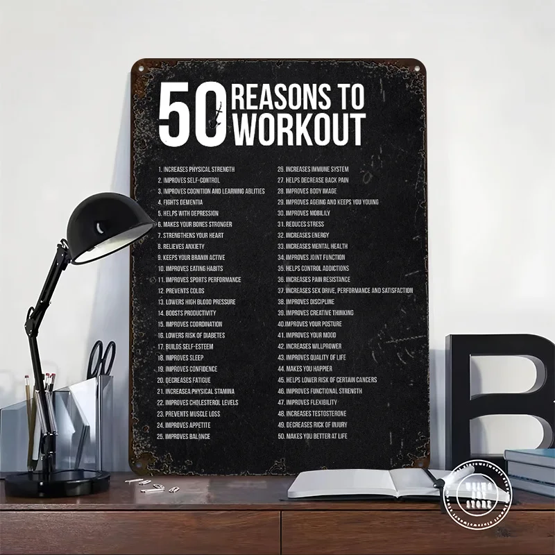 50 Reasons to Workout Metal Poster Custom Wall Art Retro Vintage Tinplate Signs for Man Cave Bedroom Decorations House Home Room