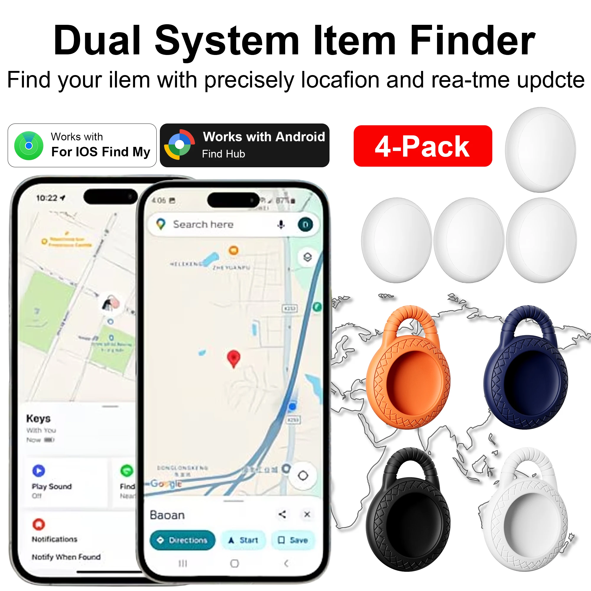 

1/2/4-Pack Mini GPS Tracker Devices — Smart Anti-Loss Alerts & Finder/Locator — Compatible with iOS and Android Systems