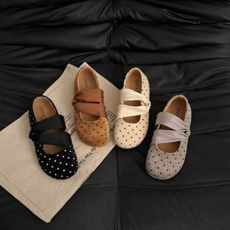 Women Polka Dot Mary Jane Flats, Twisted Satin Strap Round Toe French Retro Soft Sole Casual Ballet Shoes