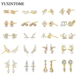 925 Sterling Silver Ear Needle Geometric Zircon Metal Earrings for women Shiny Crystal Luxury Small Stud Fashion Wedding Jewelry