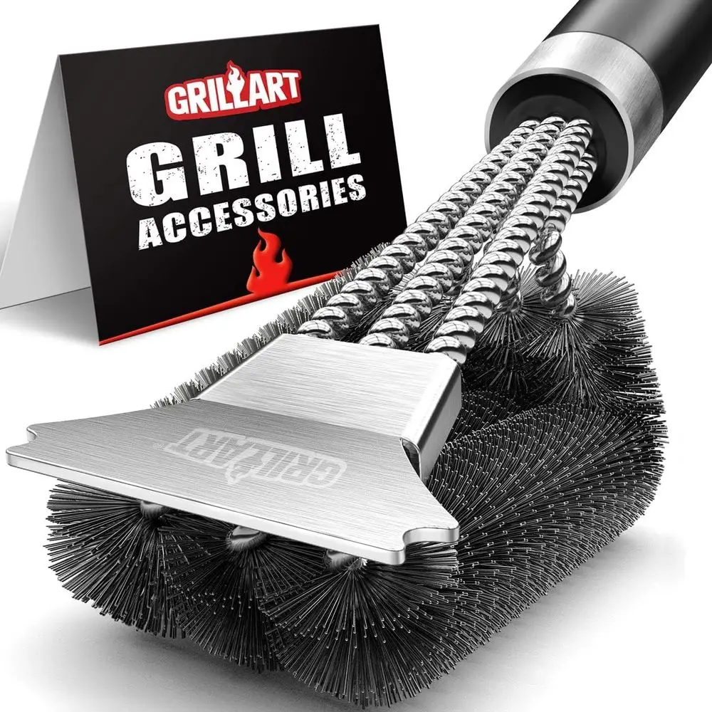 

Deluxe Handle Grill Brush and Scraper, Wire BBQ Cleaning Tool for Gas, Charcoal, and Porcelain Grills