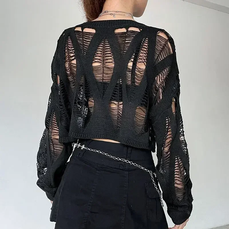 Women Knitted Pullover Dark 2024 Fashion Korean Harajuku Ripped Long-sleeved Top Sexy Openwork Summer Girl Sweater