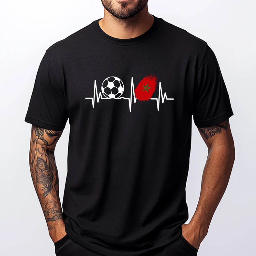 

Morocco Flag Heartbeat Football Fan Lover Moroccan Vintage T Shirt Men Fall Men's Clothing High Quality Men's T-Shirt