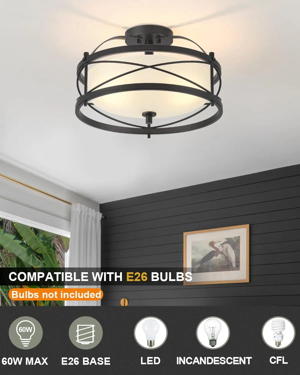 Entryway Drum Light Fixtures, Semi-Flush Mount Rustic Ceiling Light For Hallway Living Room Bedroom Kitchen (Black)