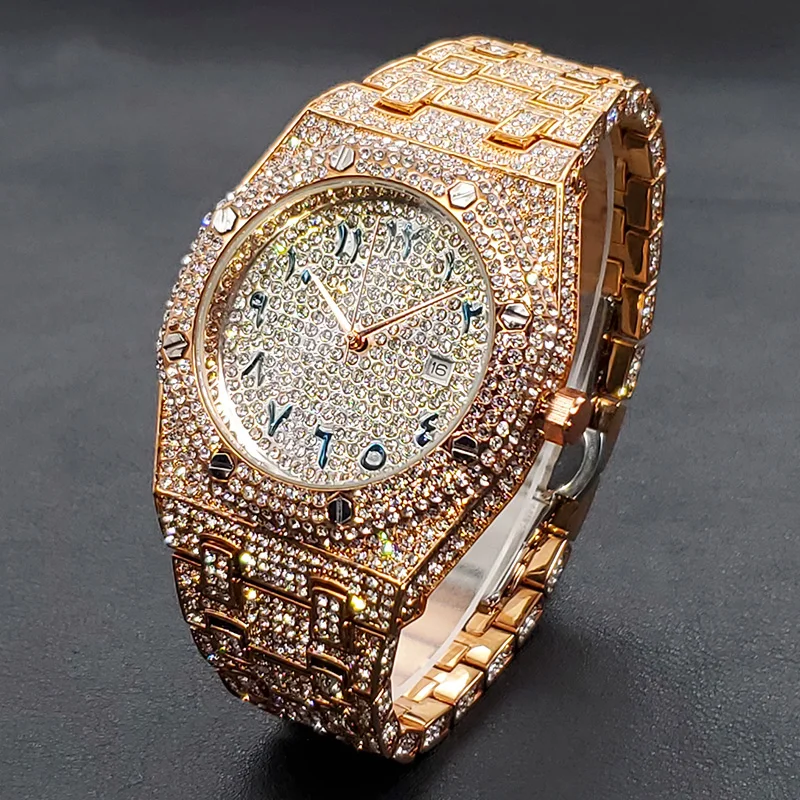 Reloj de diamantes ostentosos para hombre, marca de lujo, relojes de oro rosa brillantes helados, cantante de Rap de Hip Hop, reloj de joyería de la costa oeste, triangulación de envíos