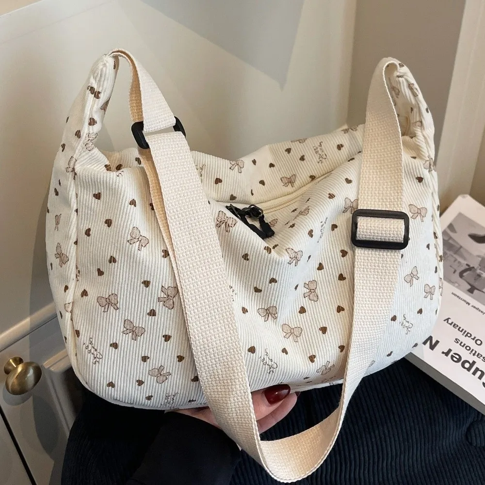 New Corduroy Strip Crossbody Bags Korean Style Large Capacity Girls Hobos Bags Zipper Bowtie Shoulder Bag Student Use
