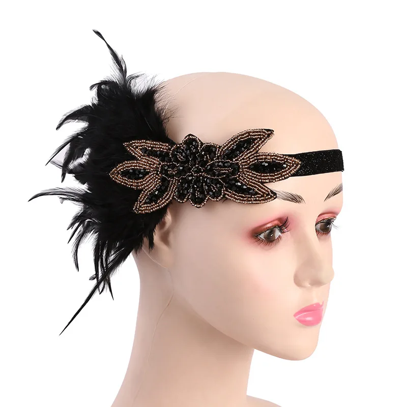 

Gatsby Accessories for Woman Black Beaded Vintage Feather Headband 1920s Gatsby Party Headpiece Party Carnival Accessories 2022