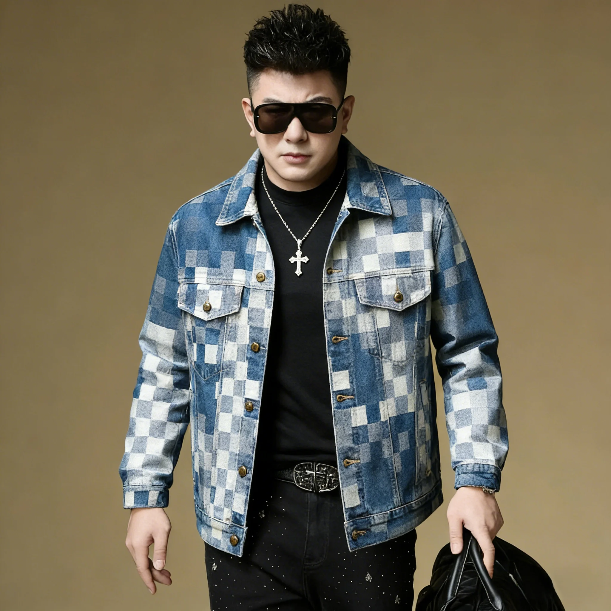 

Retro American Sle Plaid Denim Jaet Spring Autumn Collar Casual Youth Versatile Top Stand Fit Faion Urban Cotton Lon...