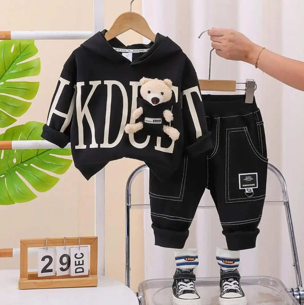 Luxury Designer Kids Clothes Spring Autumn Sets for Baby Boys Cartoon Letters Bears Hooded Sweatshirt And Pants Infant Outfits