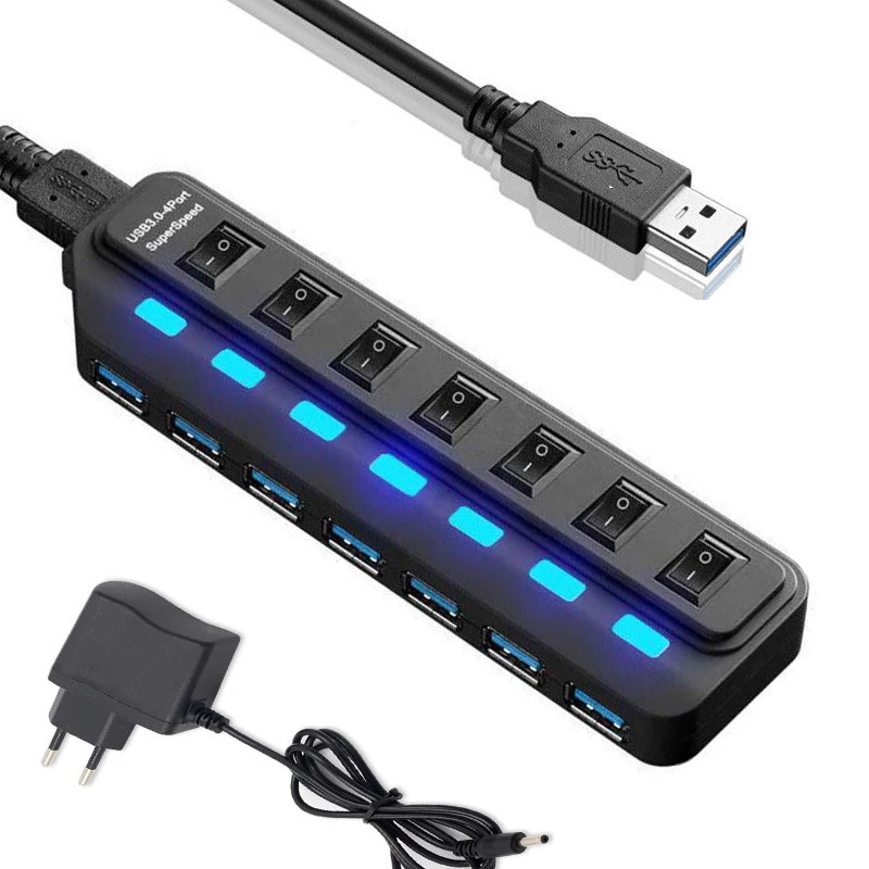

7 Port USB Hub 3.0 Multiprise USB High Speed Splitter 5Gbps Hub Power Adapter with Switch Long Cable with Multiple Expander Hub