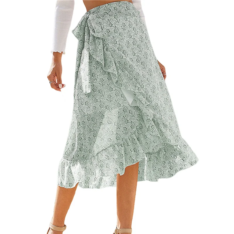 

AOAO-Women's Boho Floral Print Wrap Front Self Tie Knot Ruffle Hem Split Midi Skirt