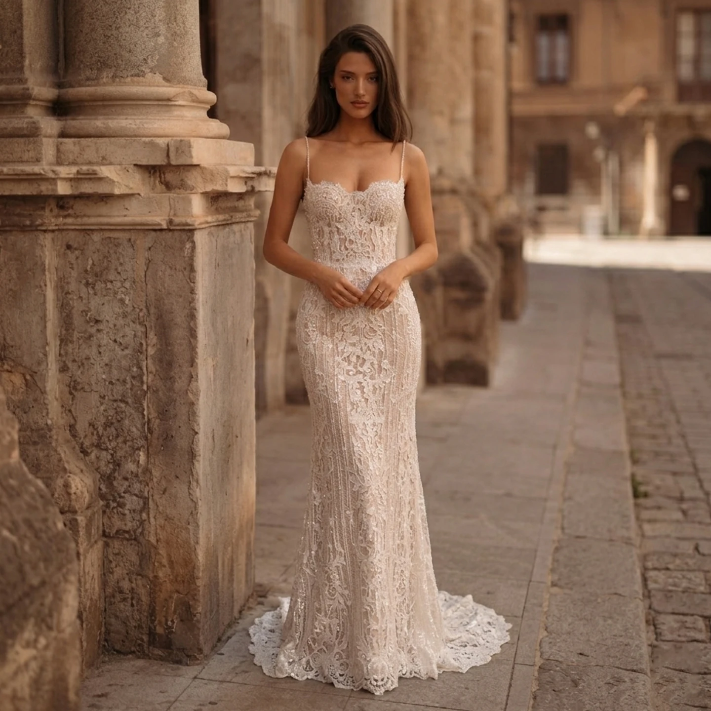 

Sharon Said Pearl Spaghetti Strap Sweetheart Wedding Dress Mermaid Lace Long vestidos de novia Women Bride Dresses SW175 Custom