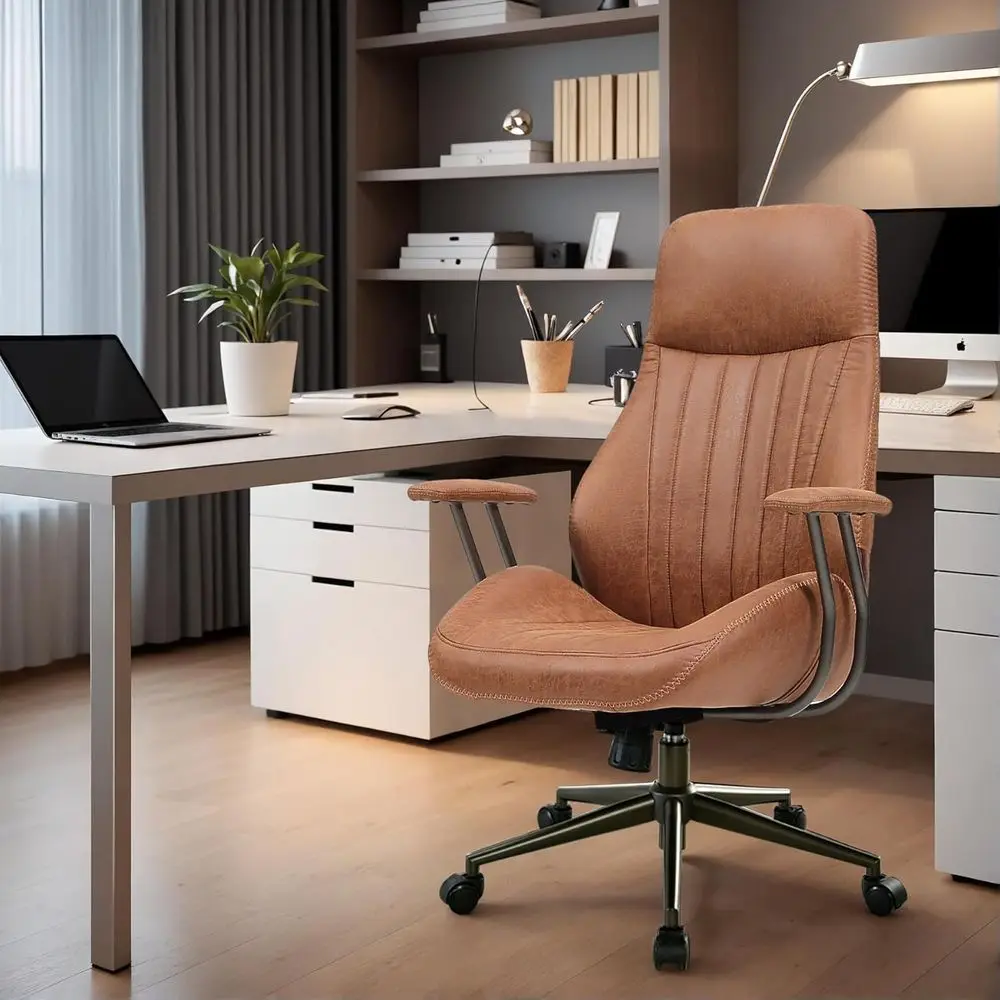 

Эргономичное офисное кресло с высокой спинкой, регулировкой высоты и поясничной опорой для дома, кабинета или игр (светло-коричневая замша)
