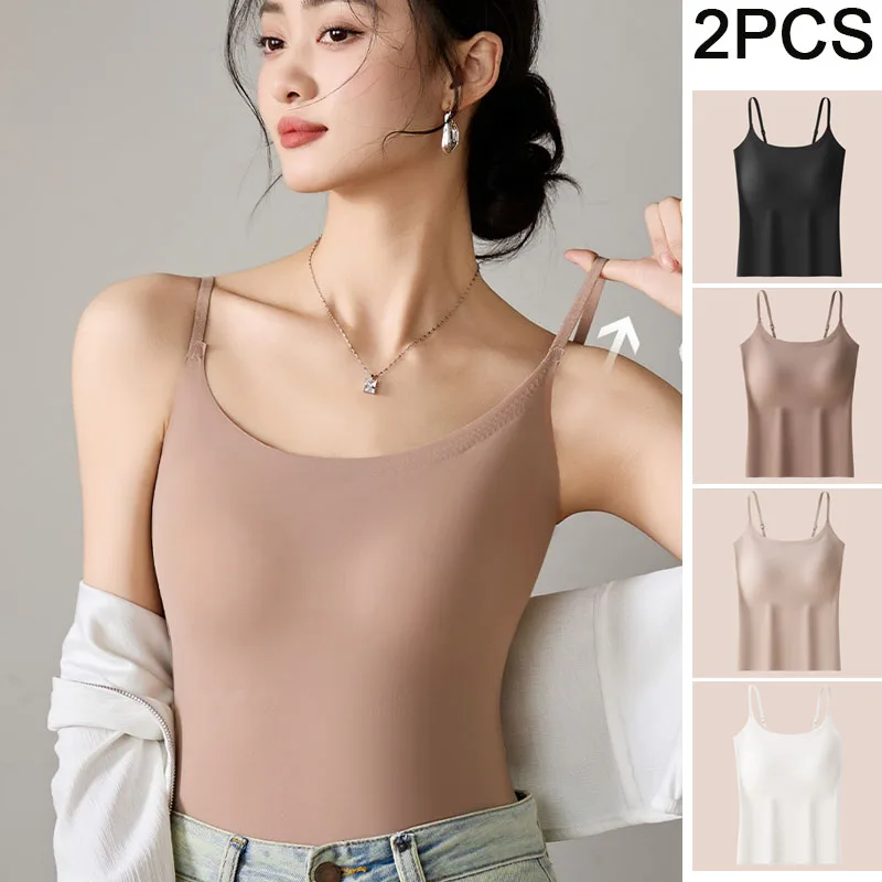 

2PCS Seamless Spaghetti Camisole Top with Build-in Bra Women's Thin Fixed Cup Breathable Beautiful Back Sling Underwear