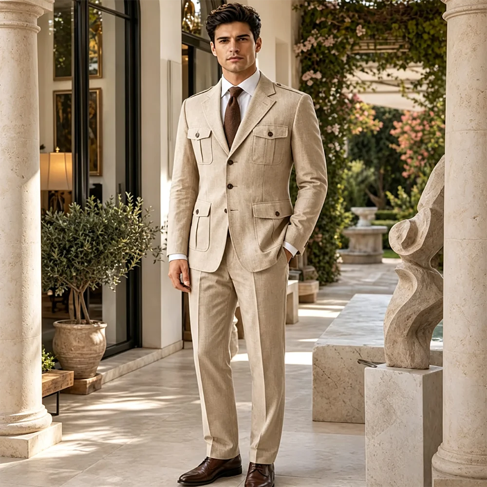 Smart Men Black Linen Safari Suit 2 Pieces Multi Pocket Blazer Straight Pants Set Wedding Casual Formal Party Male Outfit