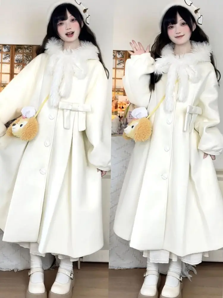 

Japan Sweet And Cute Fur Collar Hooded Woolen Coat Winter Christmas Mid-Length Loose Woolen Coat