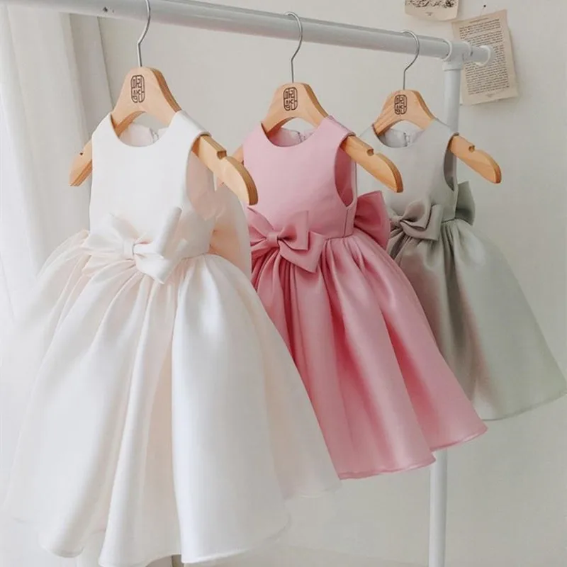 2024 Baby Girl Sleeveless Princess Dress 1st Birthday Party Dresses Fashion Solid Color Children's Vestidos Cute Girls Clothing