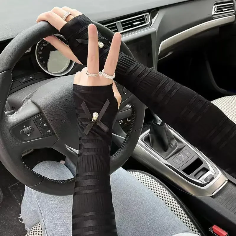 Women Fashion Bow Pearl Thin Long Gloves Summer Driving Cycling Sexy Sunscreen Anti-UV Elastic Mittens Sun Block Arm Warmers New