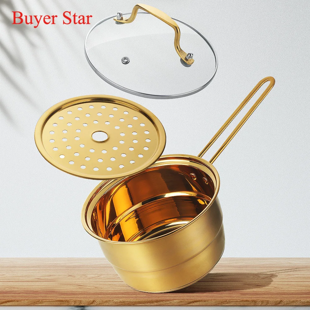 

1L Stainless Steel Milk Pot with Handle Glass Cover Non-stick Small Noodle Soup Pan Steamer Multi-purpose Cookware