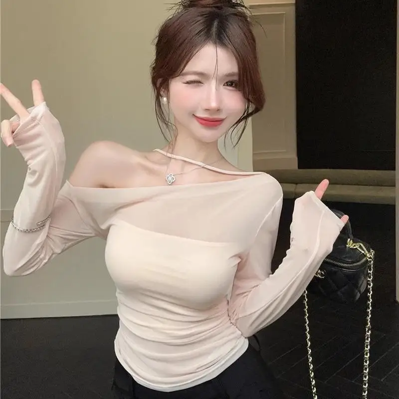 Elastic Sexy Pure Desire Mesh Cover up Top with Chest Pad Women's Summer New Design Two Piece Set Slim Fit T-Shirt Lady Style