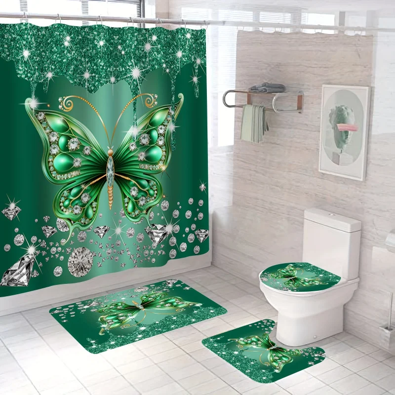 [Open] 1pc/3PCs/4pcs Green Flash butterfly digital printing polyester waterproof shower curtain no punching partition bathroom C