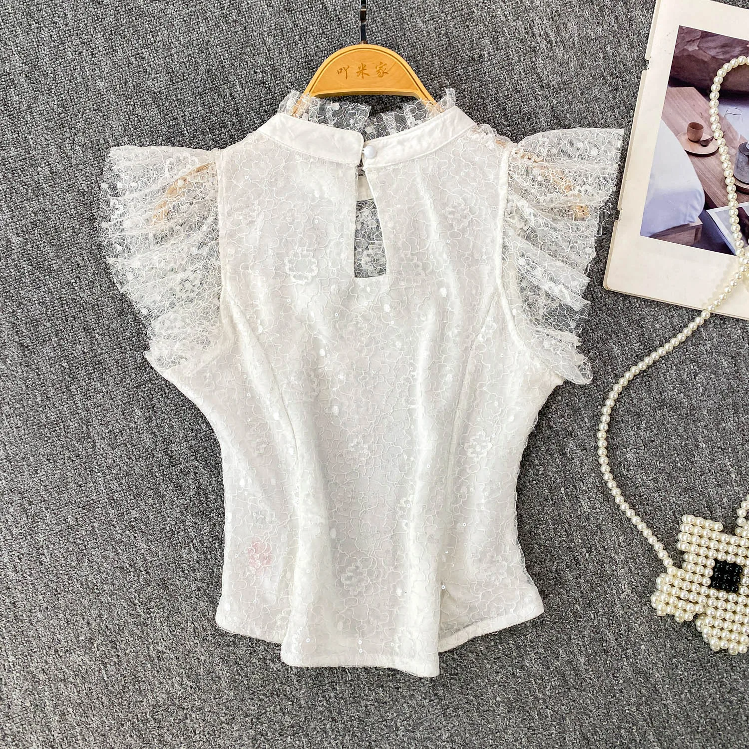 ヴィンテージグリッタースパンコール甘いレース O ネックショート Tシャツスリムエレガントなファッションオフィスレディクロップトップセクシーな女性トップ