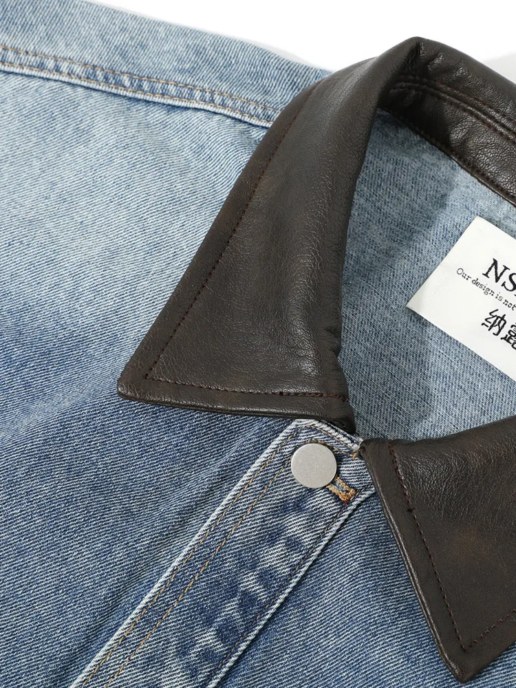 Damska lekka kurtka jeansowa ZMEENNA z czarnym kołnierzem ze skóry PU, zapinana na guziki, kurtka typu shacket z czterema kieszeniami, jesienna, model ZM4281