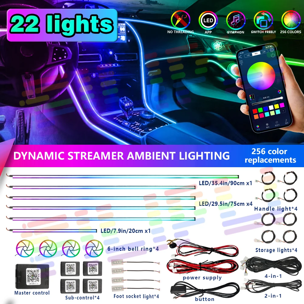 

22IN1 Neon Car Interior Ambient Lights APP DIY Control Acrylic Strip Light Guide Fiber Optic RGB Auto Decoration Atmosphere Lamp