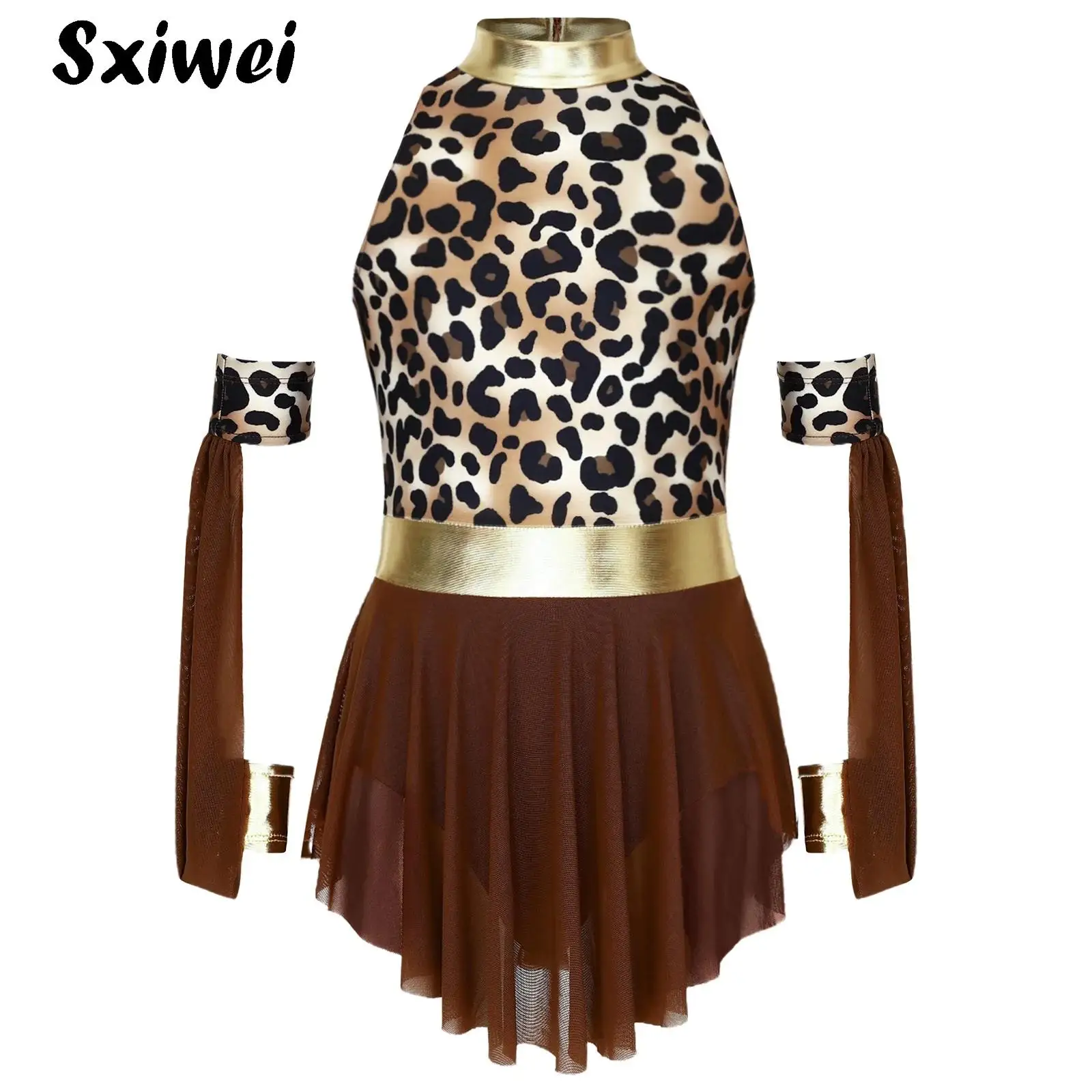 Halloween Caveman Costume Set Metallic Leopard Print Prehistoric Cave Girls Leopard Dress And Oversleeves Performance Outfits