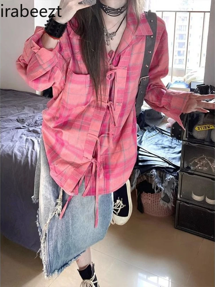 

2025 Early Autumn Pink Plaid Long Sleeve Shirt Women - Dopamine Style Tie-Up Open Front Coat Trendy Oversized Loose Blouse