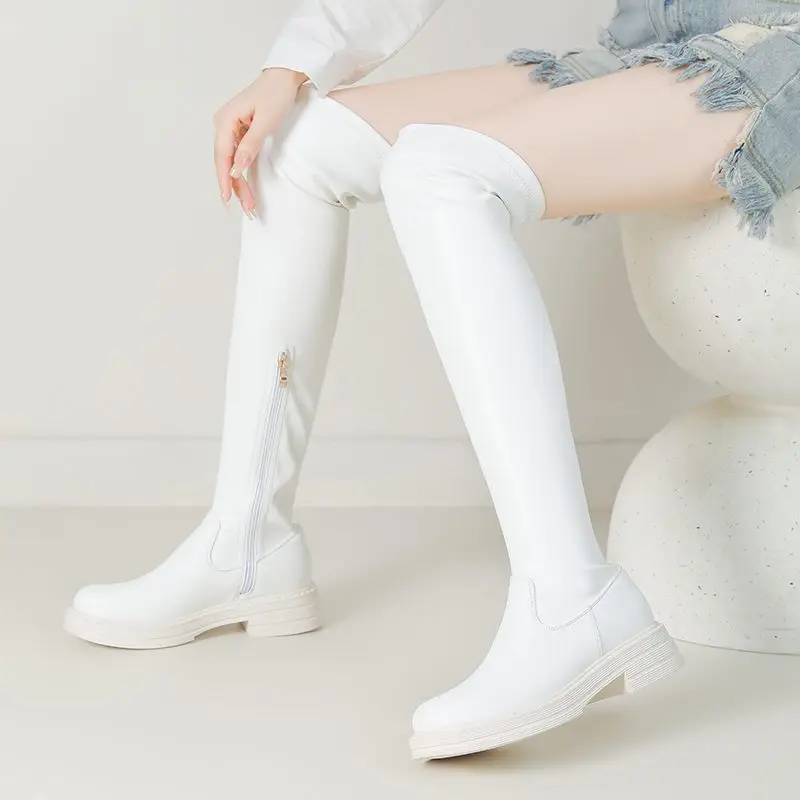 

SIMLOVEYO Brand Leisure Woman Thigh Boots Round Toe Flats Zipper Soft Vintage Stretch Bota Small Size 33 Winter Daily Soft Shoes