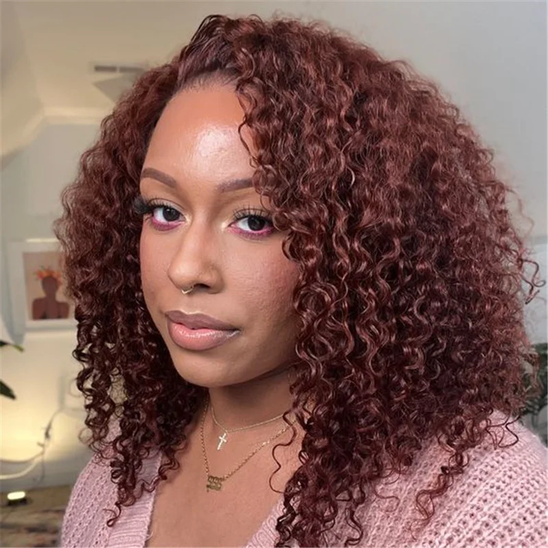 

13X4 Kinky Curly Reddish Brown Colored HD Lace Frontal Wigs For Women Pre Plucked 13X6 Human Hair Transparent Lace Front Wigs