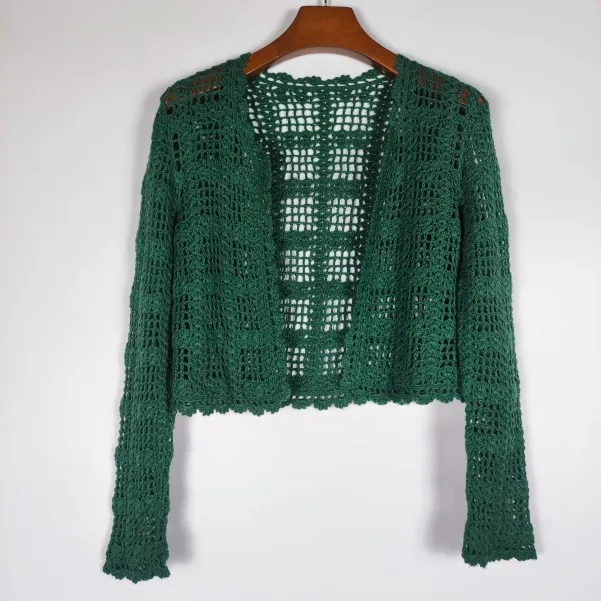 سترة كلاسيكية طويلة محبوكة من أور تي فيون مصنوعة يدويًا مفرغة من الكروشيه غير منتظمة على شكل قرد مستديرة رفيعة #5