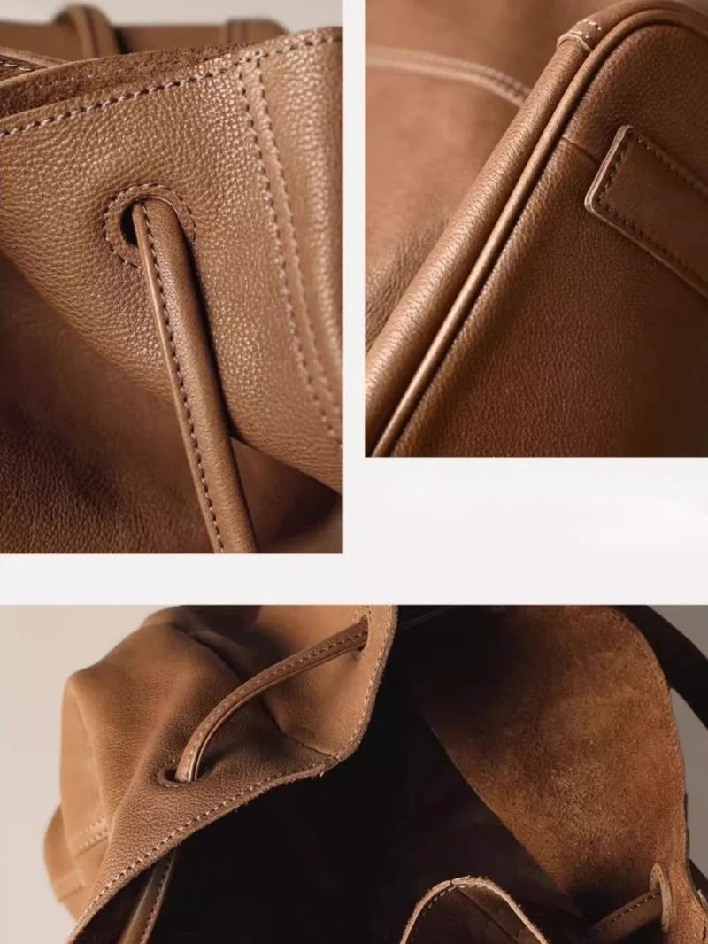 Minimalistischer Stil aus echtem Leder, große Kapazität, Damen-Nischen-Retro-Rindsledertasche, vielseitige Eimer-Schulter-Crossbody-Tasche