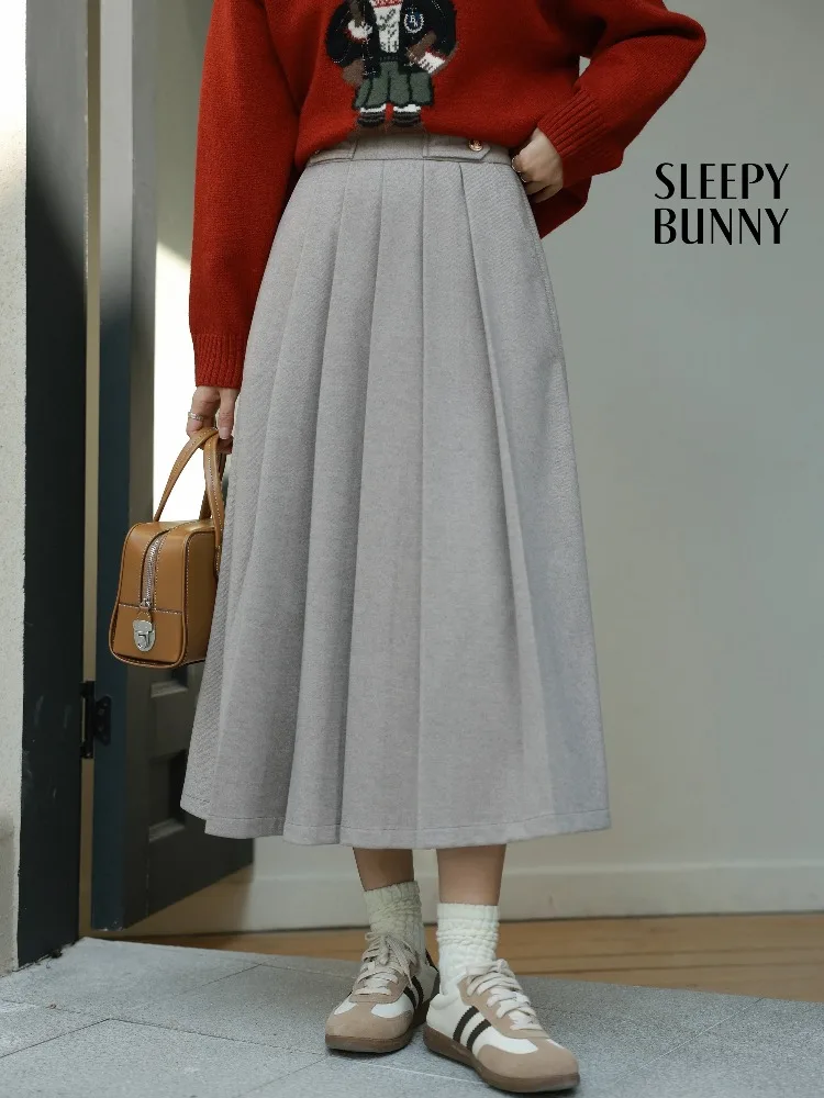 Jupe mi-longue plissée en mélange de laine Preppy pour femme, taille haute, ligne a, jupe d'hiver élégante, épaisse, longue, détail de boutons, usage quotidien