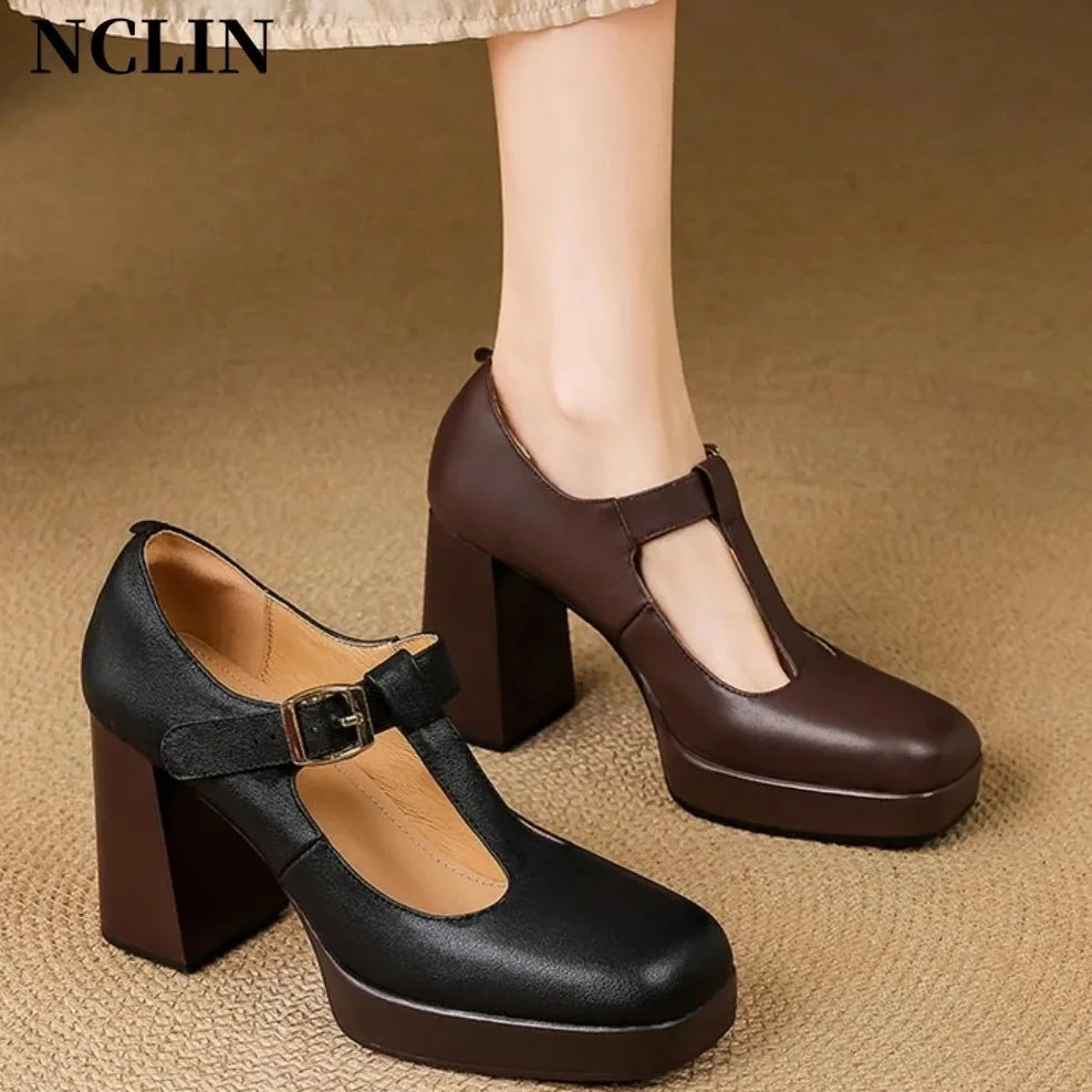 Black Genuine Leather T-Strap Platform Pumps Women Chunky Heel Buckle Vintage Formal High Heels Office Shoes