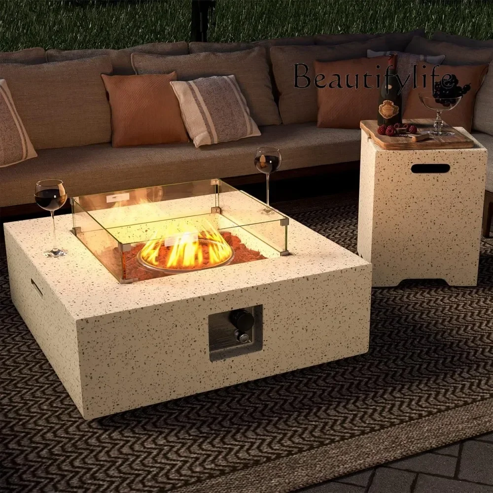 BJ Outdoor Propane Fire Pit,50,000 BTU Fires Pit For Outside In ,Glass Wind Guard, Waterproof Cover, Square Patio Fire Table