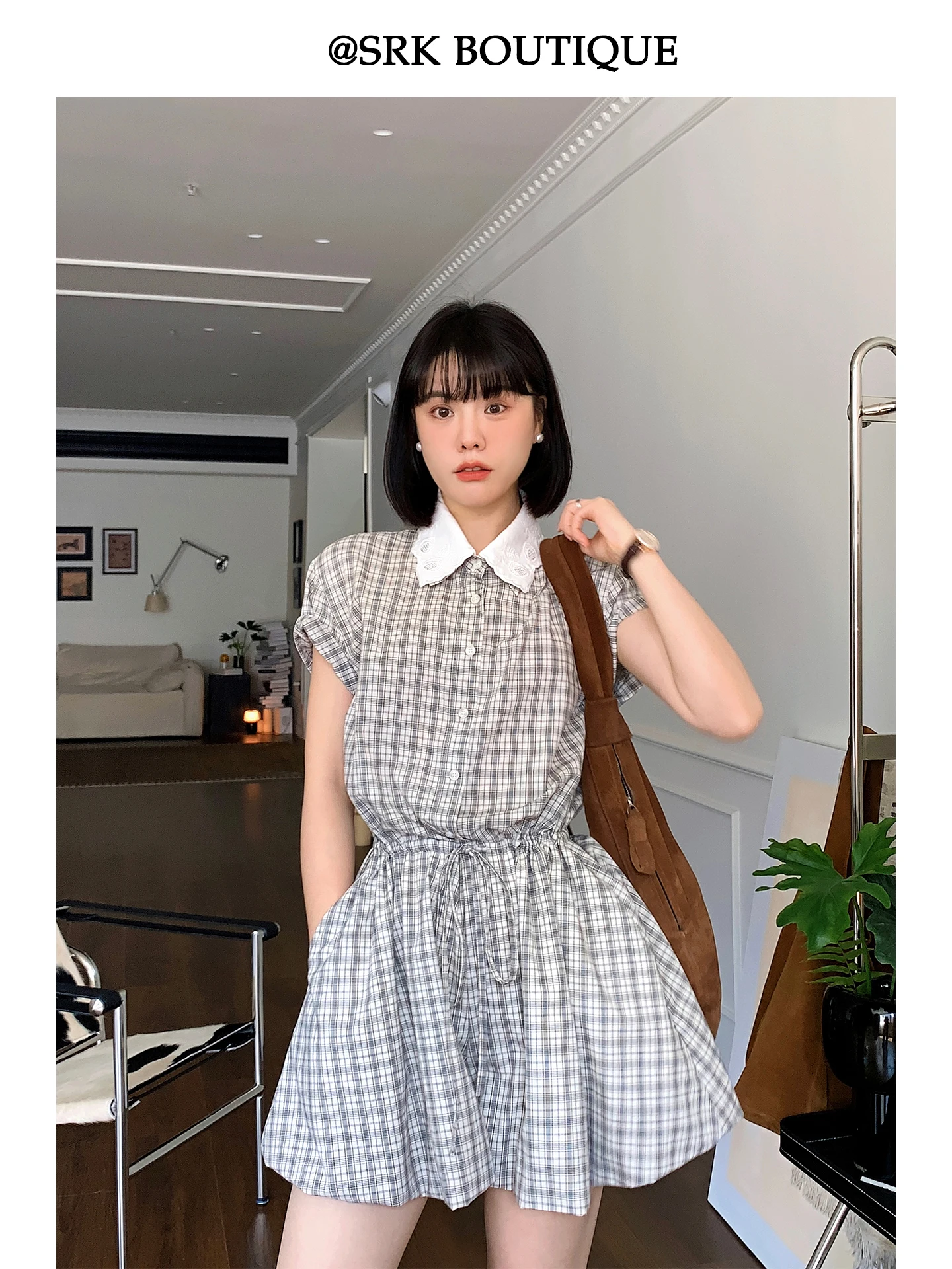 

Ретро-комбинезон SRK в клетку с отстегивающимся воротником, повседневные брюки-блумеры с высокой талией, из смесового хлопка, широкие штанины