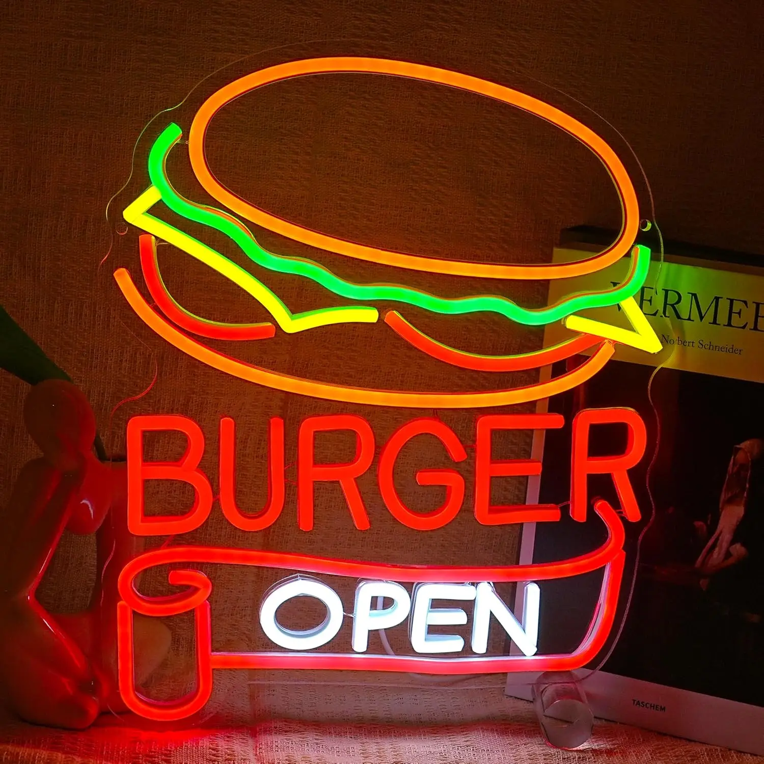 Letrero de neón abierto para hamburguesa, luz de neón LED regulable por USB para restaurante, cocina, hombre, cueva, Bar, tienda de aperitivos, fiesta, decoración del hogar