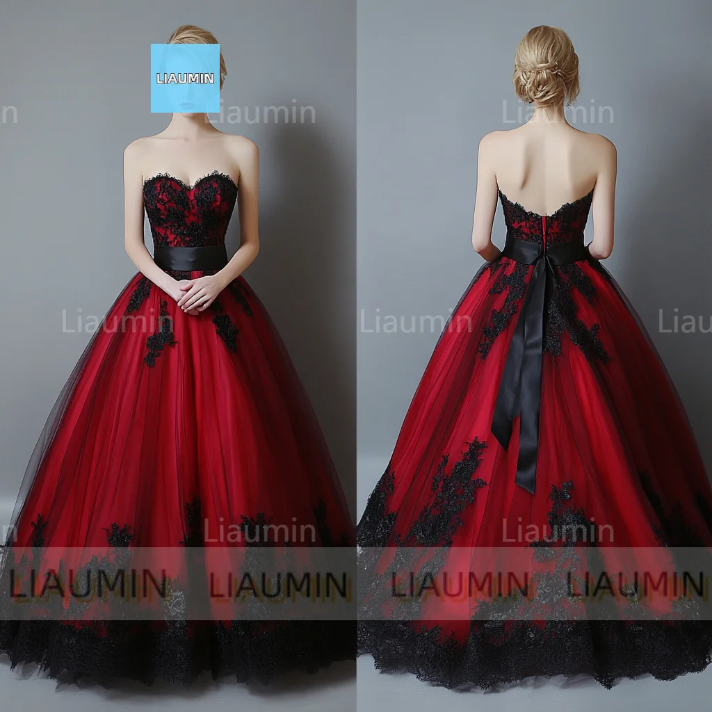 Classic Red Tulle and Black Lace Applique Lace-up Prom Formal Wedding Dresses Evening Bridesmaid Party Clothing Customized C-11