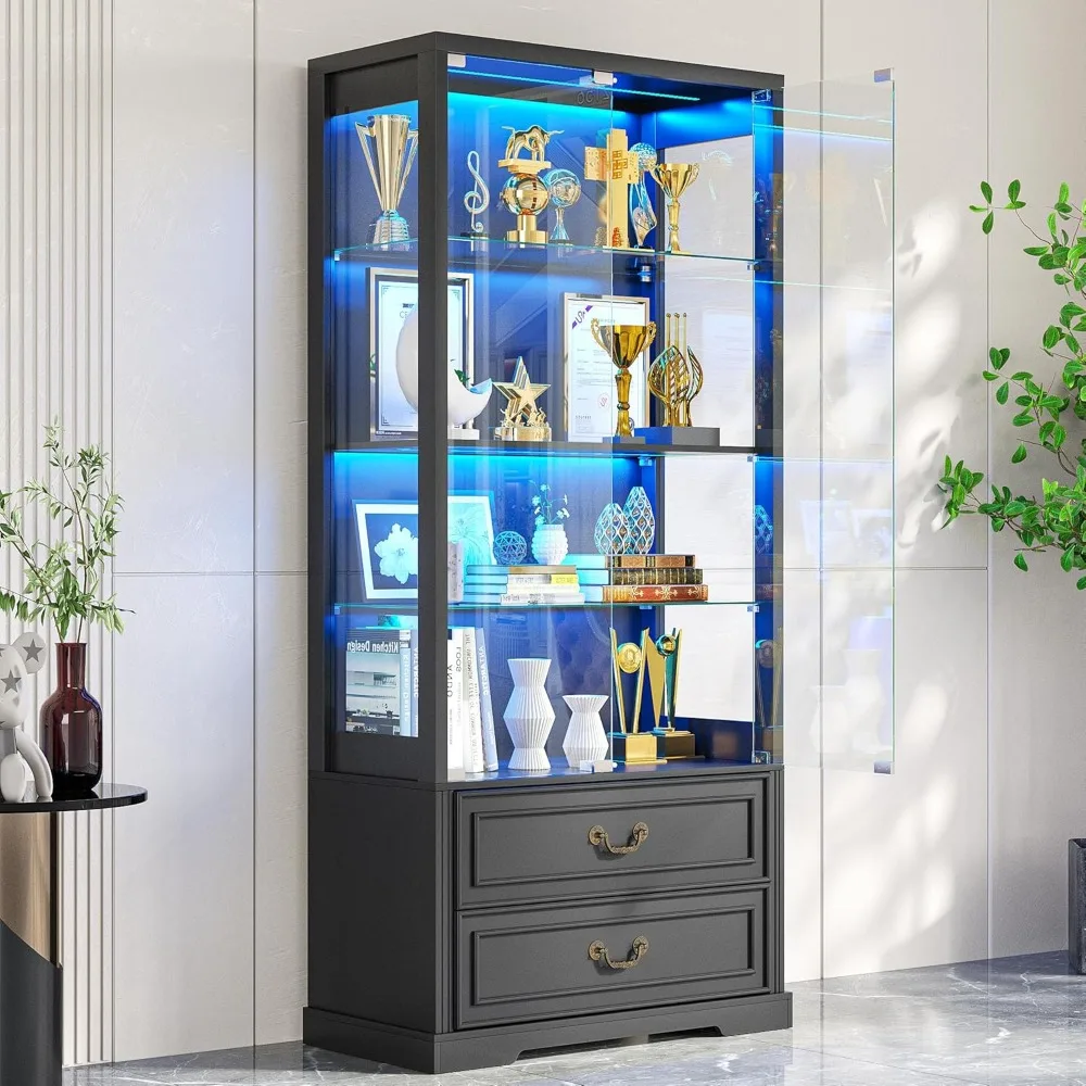 Vitrina de 67" de alto con puertas de vidrio y 2 cajones, altura de vidrio ajustable, gabinete de curiosidades con 3 luces LED y cuerpo humano
