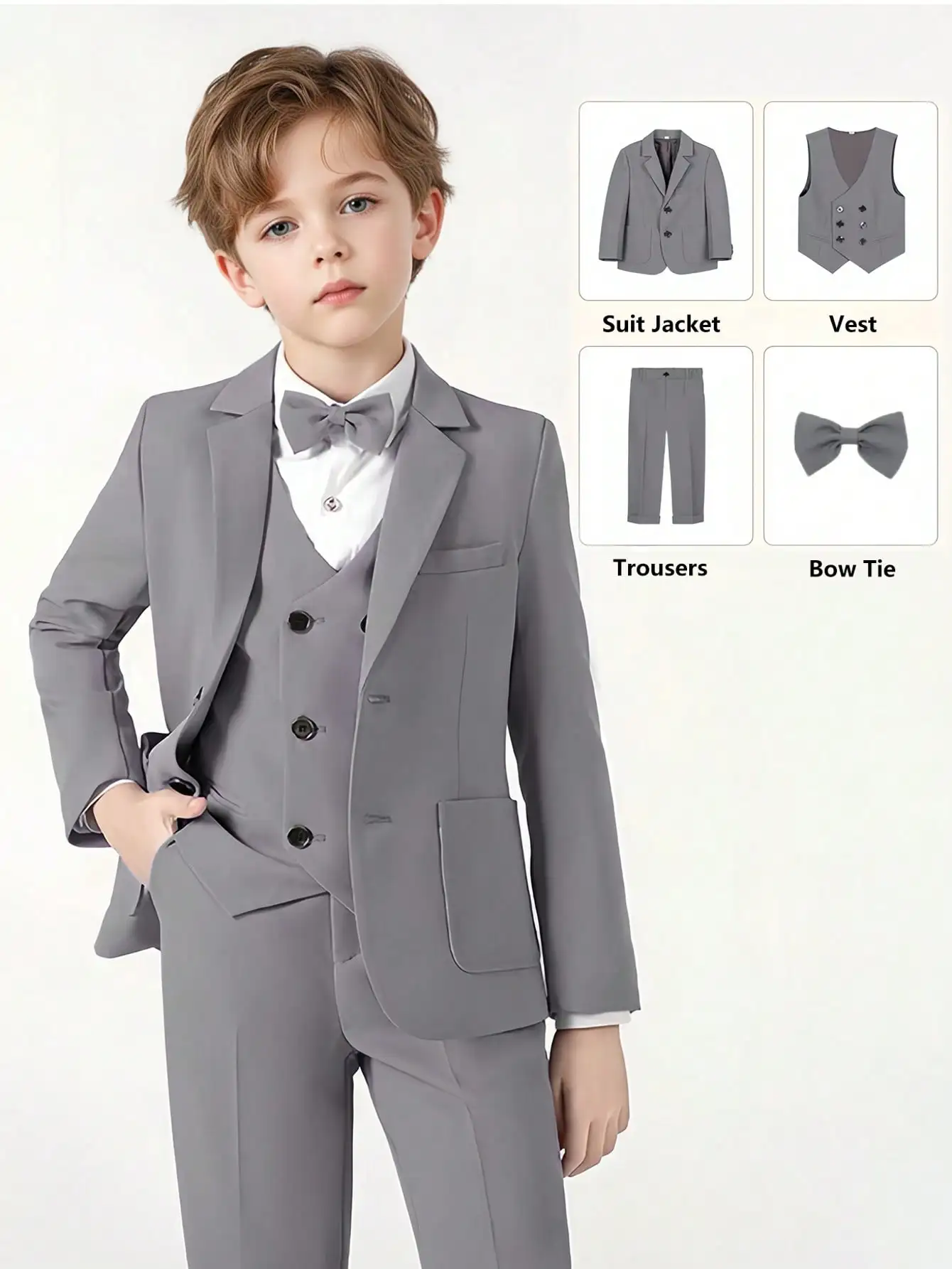 Traje Formal para Niño, Gris, 3 Piezas, Chaqueta, Chaleco, Pantalones y Corbata, Corte Entallado Personalizado para Niños, Boda, Paje, Fiesta de Graduación