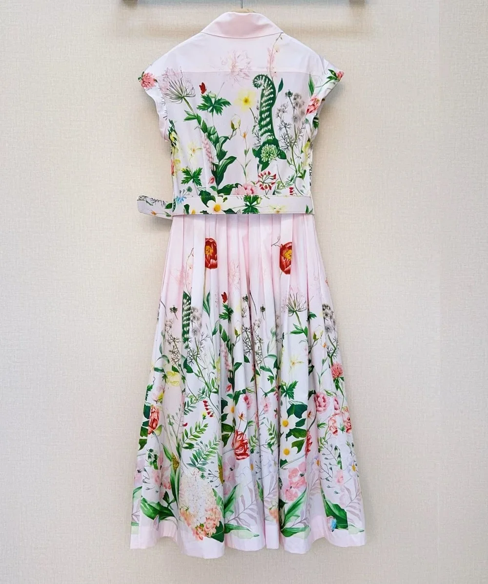 Luxury Dress 2026 Summer Style Women Turn-down Collar Green Leaves Floral Print Pocket Deco Sleeveless Mid-Calf Pink Dress