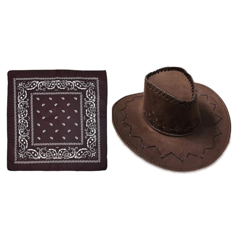 Women Cowboy Hat Western Wide Brim Hat Handkerchief Knight Hat Set Cosplay Party Hat Costume Men Fedora Hat Headdress