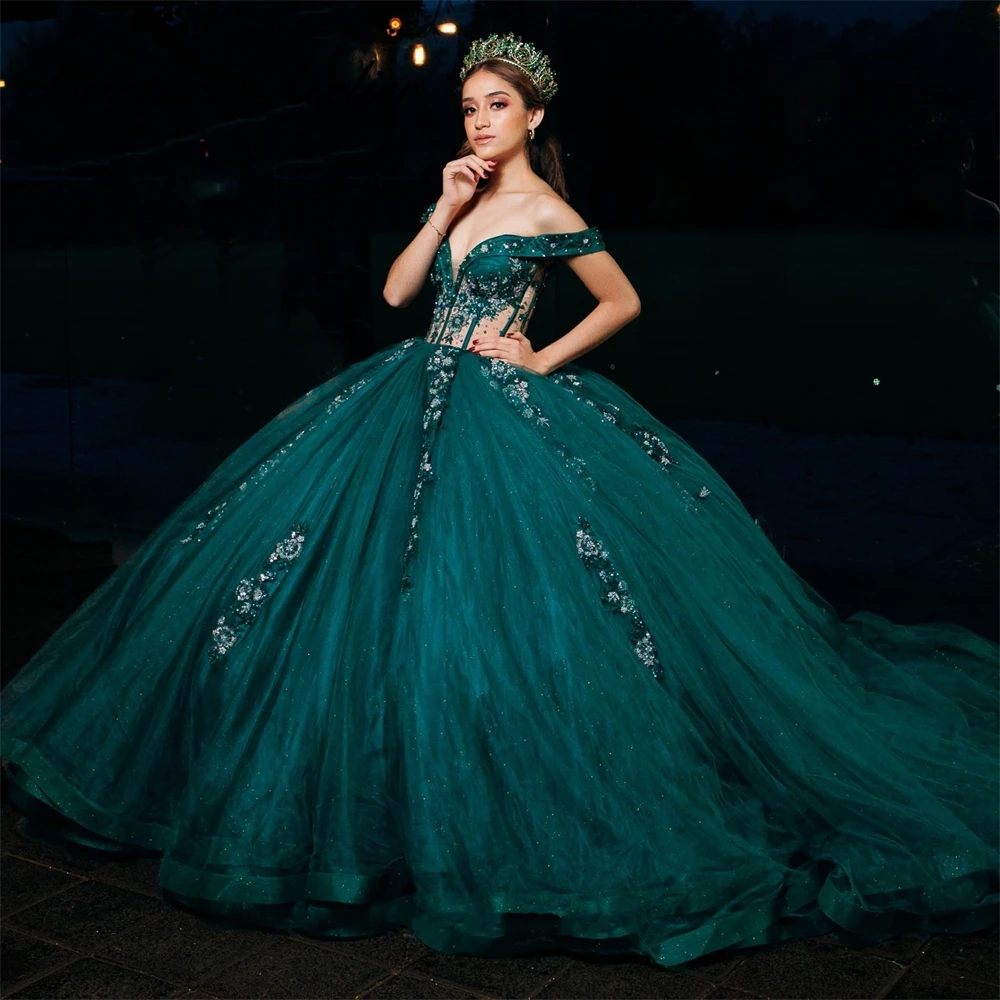 Emerald Green Mexican Lace Applique Off The Shoulder Quinceanera Dresses For Girl Princess BIrthday Ball Gown Dress Customized