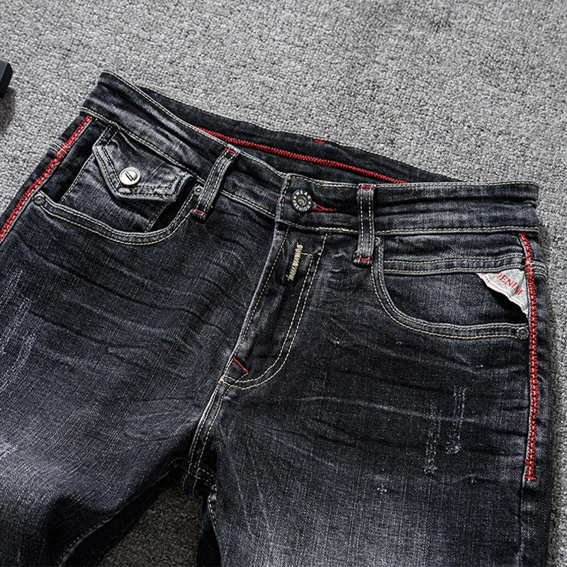 

Итальянские модные новые мужские эластичные джинсы slim fit черного и серого цвета с эффектом потертости, в стиле ретро, дизайнерские, с вышивкой, брюки-деним для мужчин