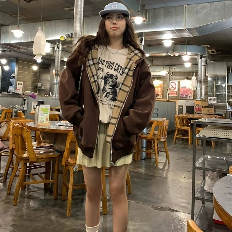 Women Vintage Zip Print Hoodies Harajuku Casual Oversized Splicing Plaid Loose Sweatshirt Medium Length Popular Cardigan Jacket