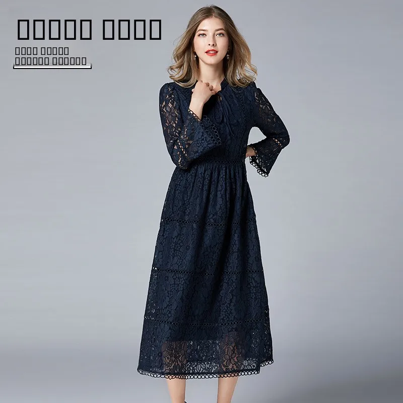 

Spring 2026 Lace Long Dr Women's Clothing Brand New Sle Casual Stand Fit Cotton Long Sve V-Ne A-Line Skirt