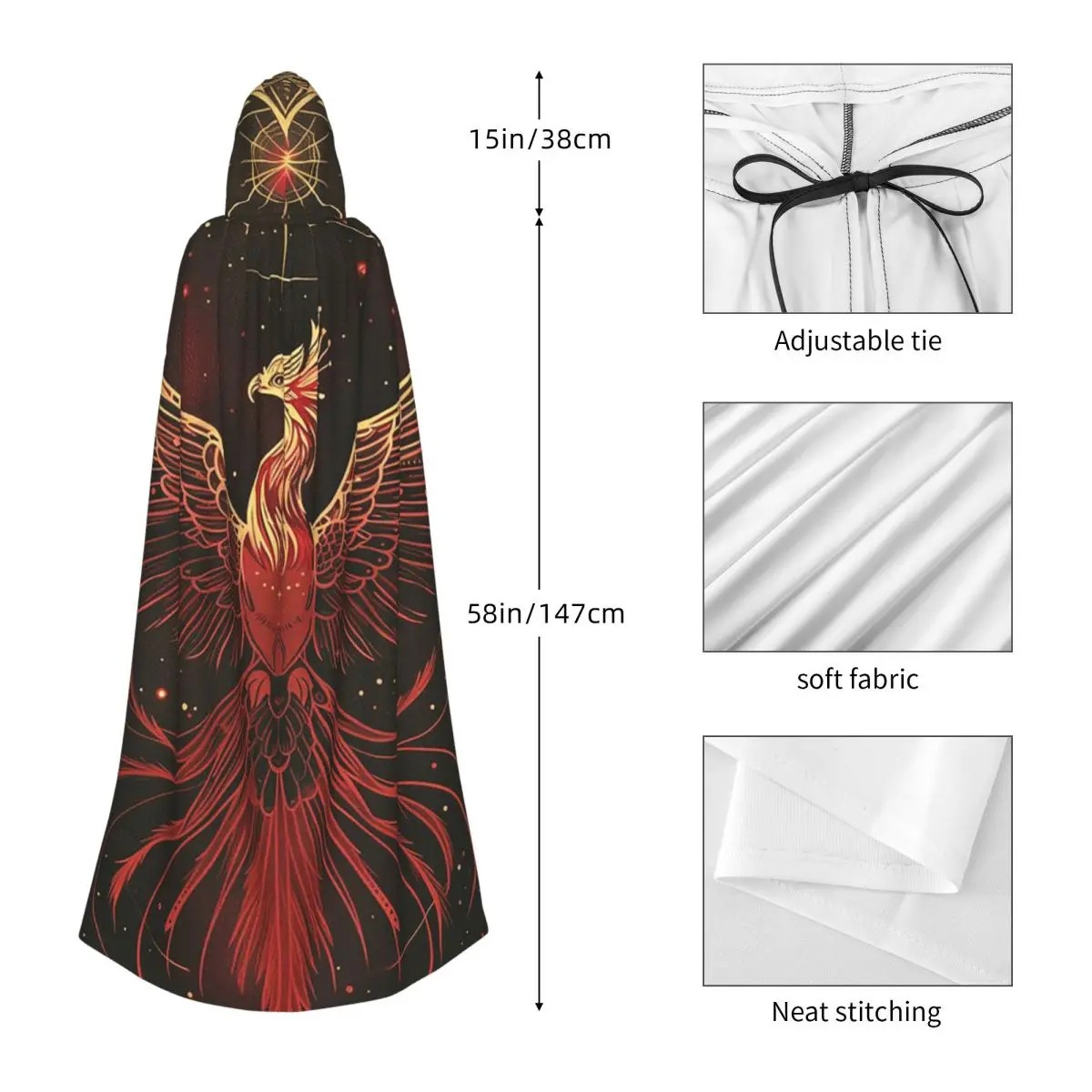 فينيكس الطيور الأسطورية مع أجنحة الناري عباءة طويلة مقنعين الساحرة القرون الوسطى زي تأثيري كيب هالوين مصاص دماء الكبار للجنسين